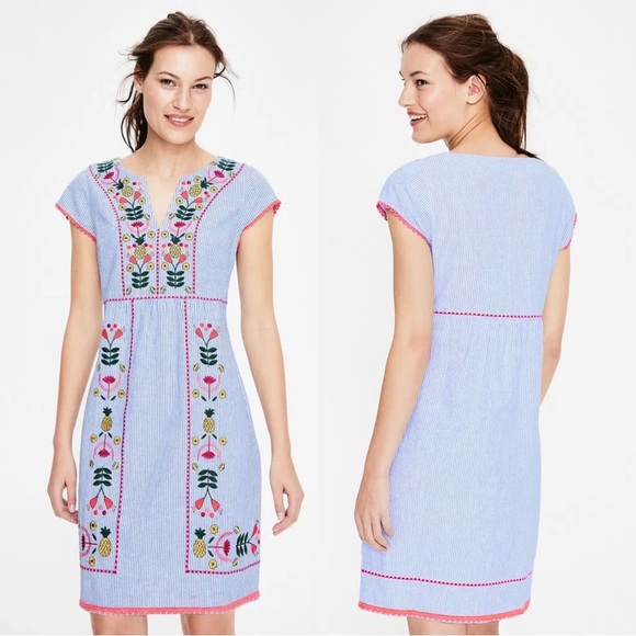 Boden • Bea Linen Embroidered Dress shift cap sleeve floral blue stripe tunic - Picture 12 of 12
